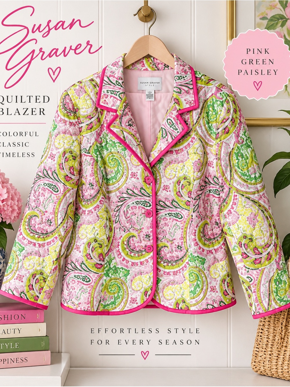 🌸 Susan Graver |  Pink & Green Paisley Quilted Blazer | 1X